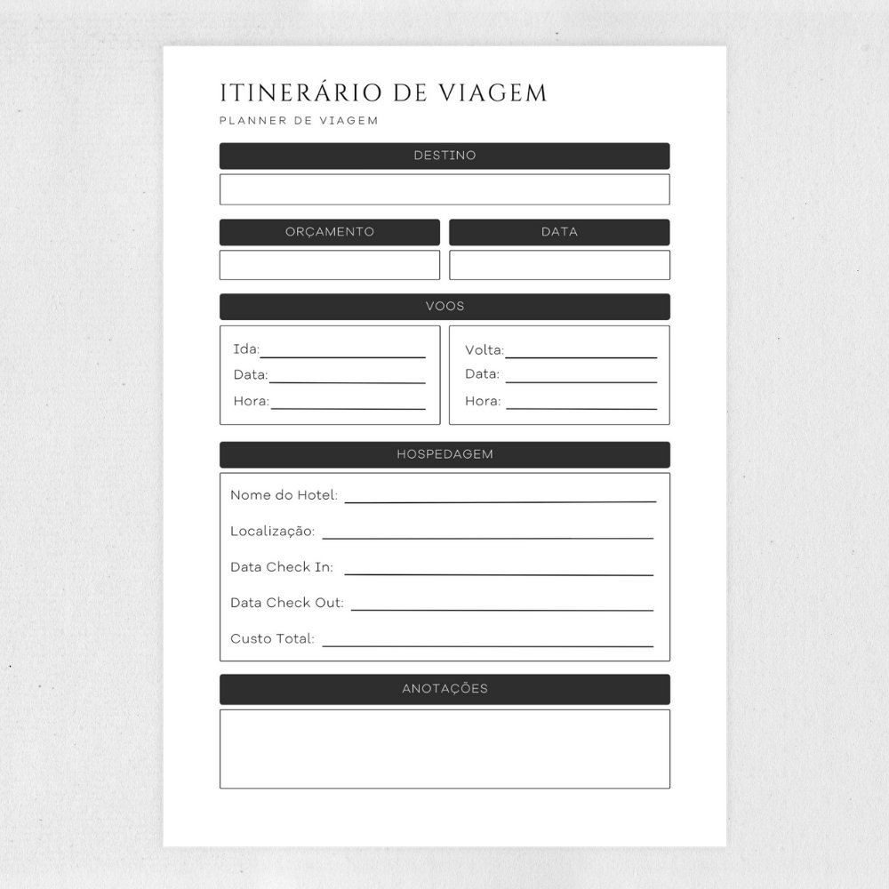 Planner de Viagem para Imprimir e Digital
