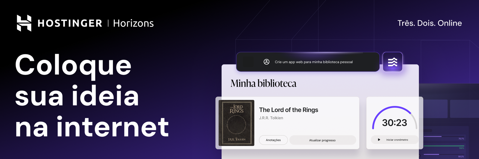 Banner Hospedagem Hostinger com a frase "Coloque sua ideia na internet" e interface de site minimalista, ideal para quem quer contratar hospedagem de site na Hostinger.